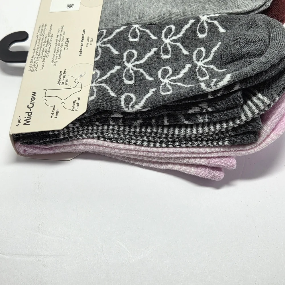 No Boundaries Women's Mid-Crew Socks 6 Pairs Bow‎ Multicolor Size 4-10